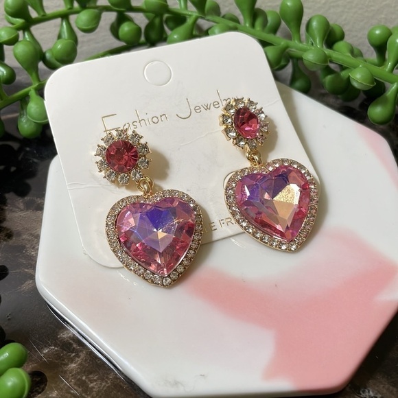 Iridescent Pink Heart Drop Earrings - Picture 4 of 11